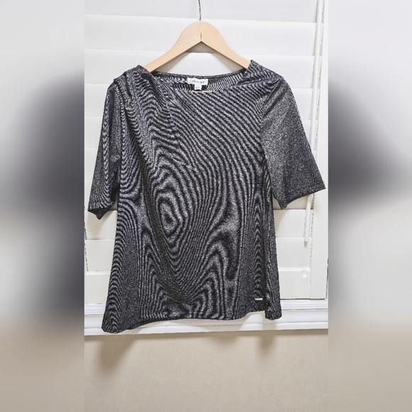 Calvin Klein Silver Black Sparkle Short Sleeve Blouse Top size L - Picture 7 of 7